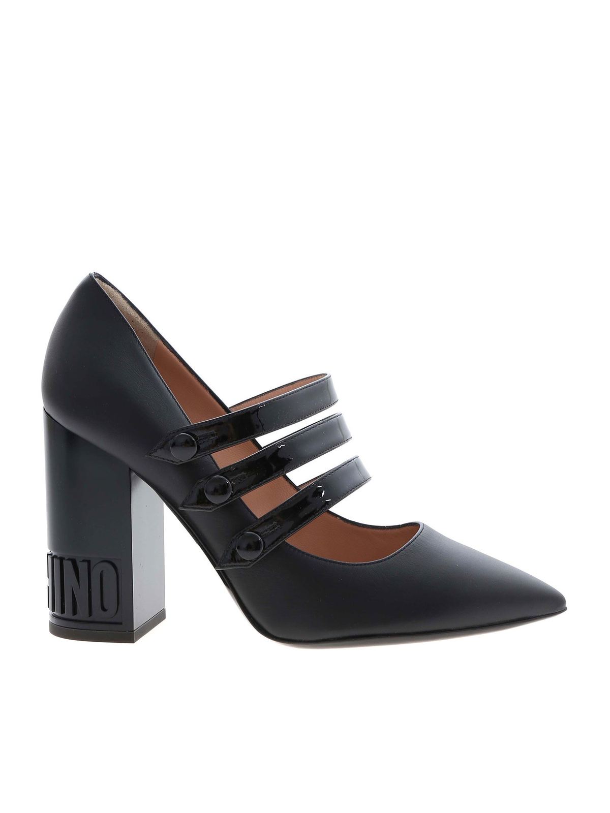 Branded heel pointed toe pumps in black MA1018AC0BMF100B (MOSCHINO / パンプス・ハイヒール ) | MOSCHINO (モスキーノ)