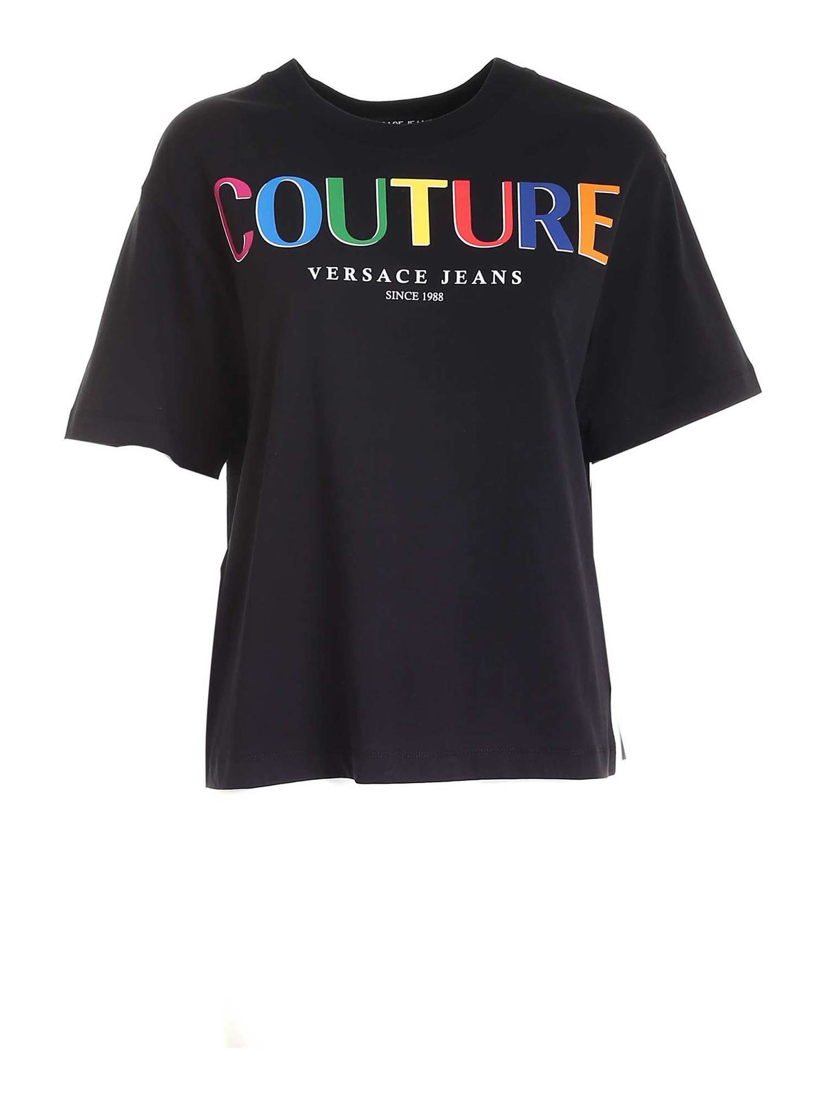 Multicolor lettering T-shirt in black 71HAHP02CJ00P899 (VERSACE JEANS COUTURE / Tシャツ・カットソー ) | VERSACE JEANS COUTURE (ヴェルサーチェ ジーンズ クチュール)