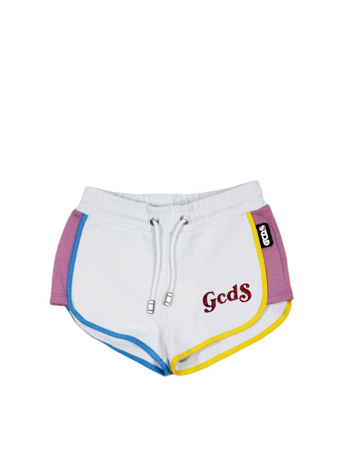 Glittered logo shorts in white 027670001 (GCDS / ショートパンツ ) | GCDS (ジーシーディーエス)
