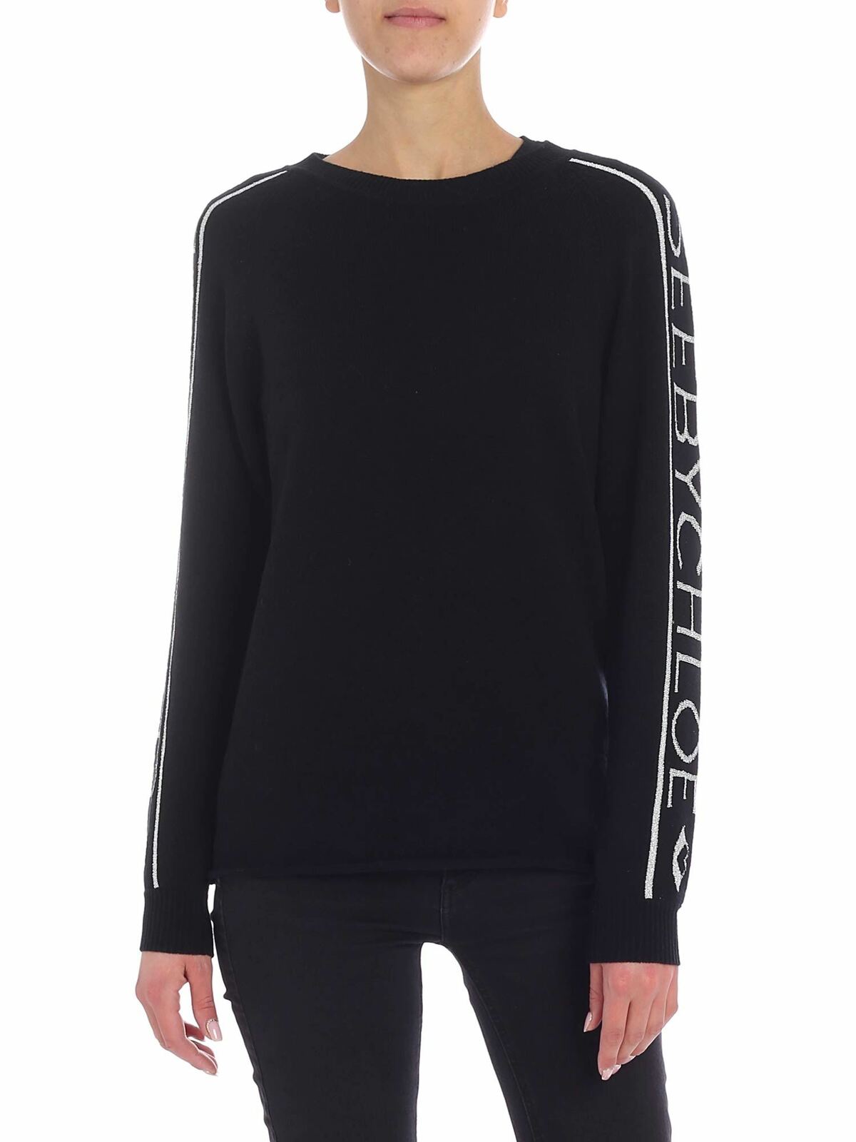 Black pullover with silver logo intarsia CHS19SMP08540001 (See By Chloé / ニット・セーター・カーディガン ) | See By Chloé (シーバイクロエ)