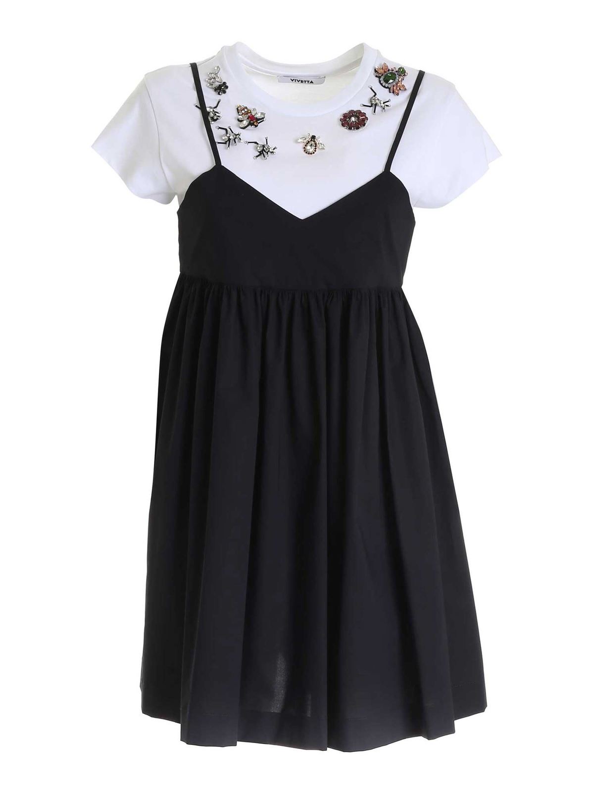 Embellished t-shirt dress in black and white 21EV2S0H01106509000 (VIVETTA / ワンピース・ドレス・オールインワン ) | VIVETTA (ヴィヴェッタ)