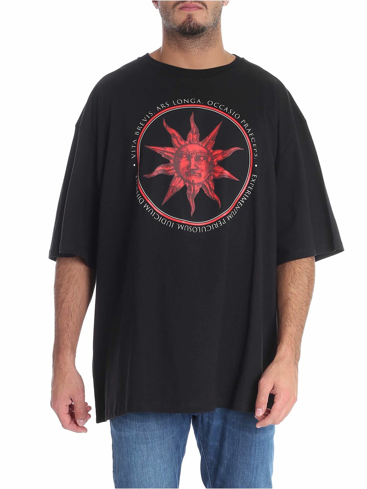 Black T-shirt with red sun print FPU7106P0303999 (FAUSTO PUGLISI / Tシャツ・カットソー ) | FAUSTO PUGLISI (ファウスト プリージ)