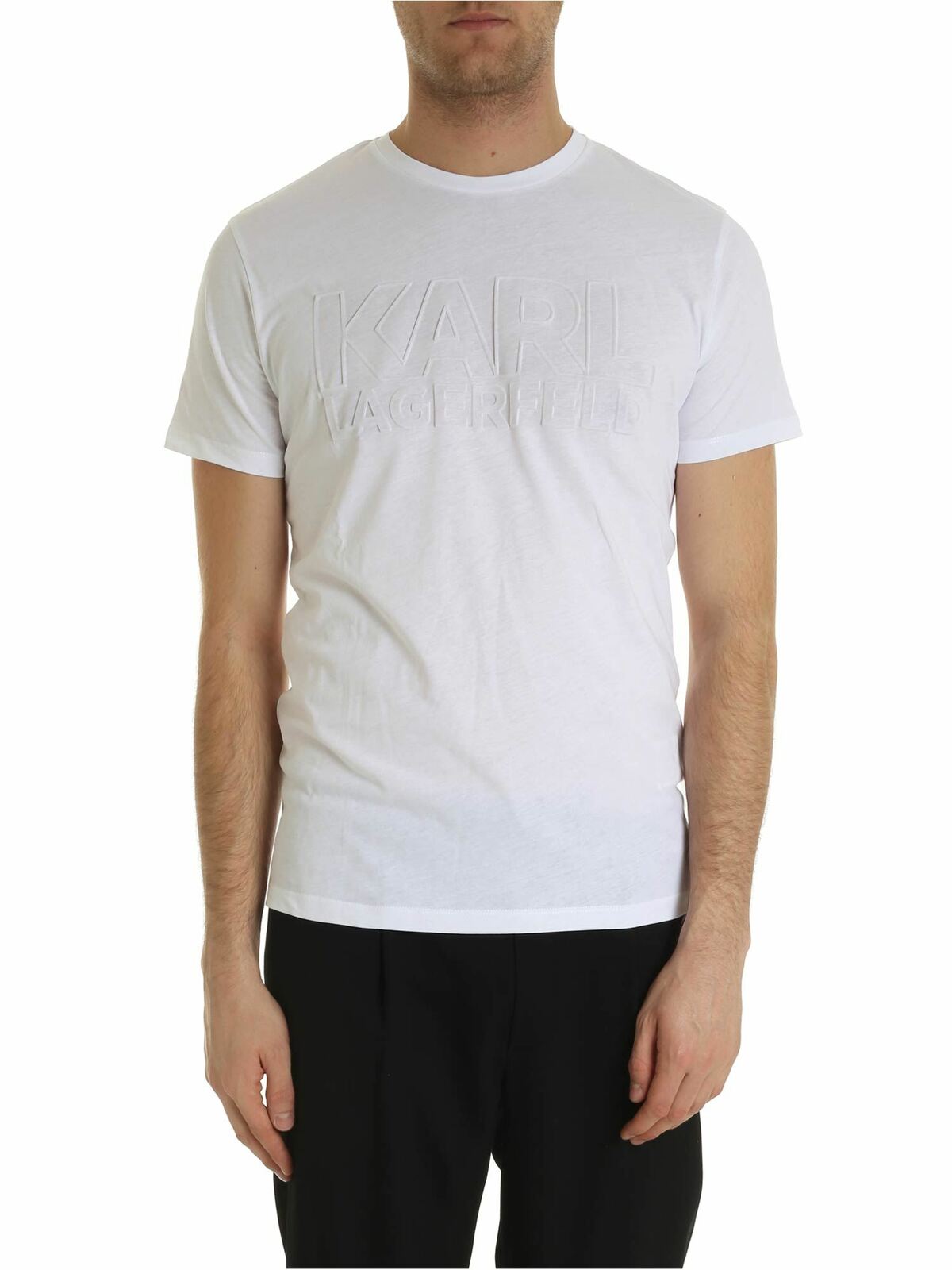 Embossed logo T-shirt in white 75504059222310 (KARL LAGERFELD / Tシャツ・カットソー ) | KARL LAGERFELD (カール・ラガーフェルド)