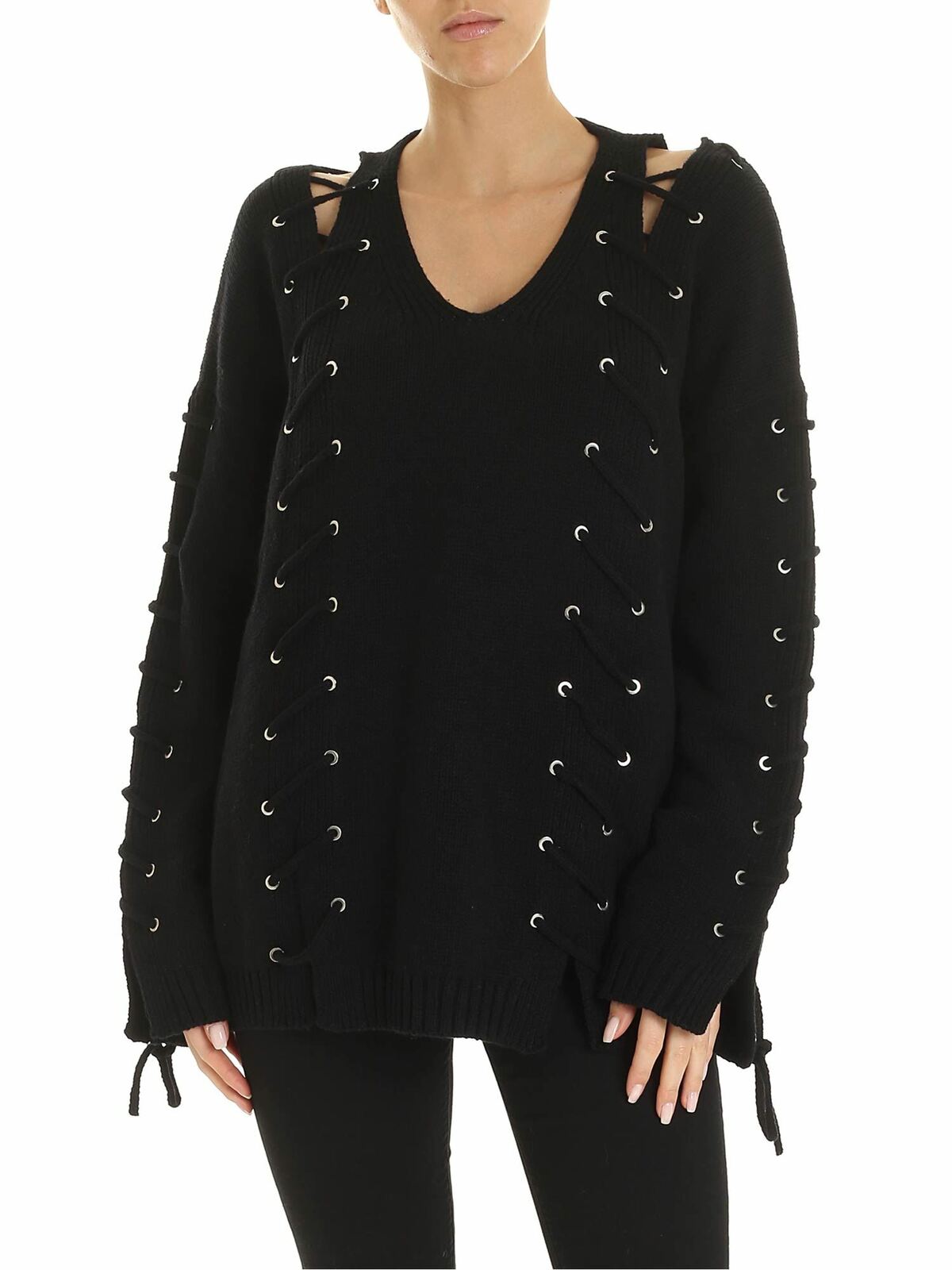 Black pullover with corset details 559220RNK301000 (McQ / ニット・セーター・カーディガン ) | McQ (マックキュー)