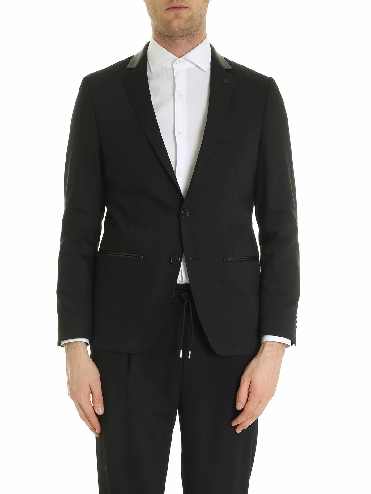 Dark black jacket with leather insert 155229592086990 (KARL LAGERFELD / スーツ・ジャケット ) | KARL LAGERFELD (カール・ラガーフェルド)