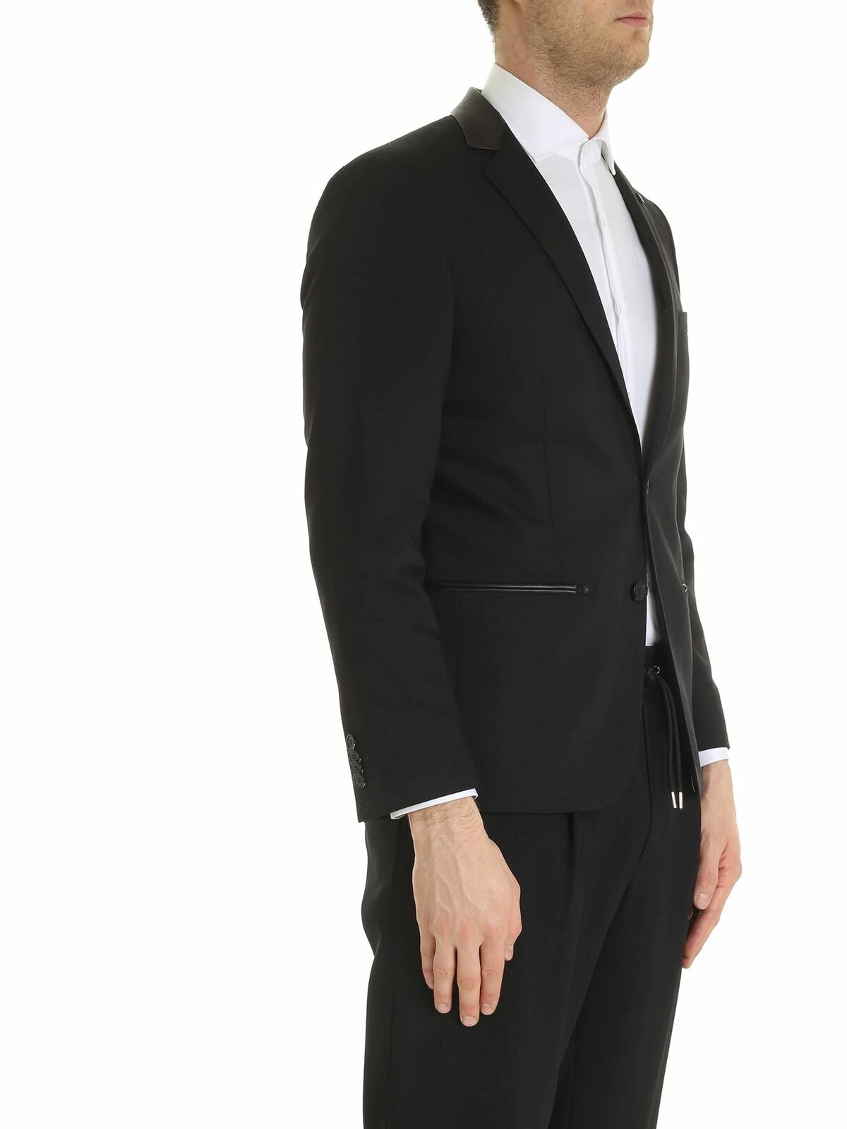 Dark black jacket with leather insert 155229592086990 (KARL LAGERFELD / スーツ・ジャケット ) | KARL LAGERFELD (カール・ラガーフェルド)(1)
