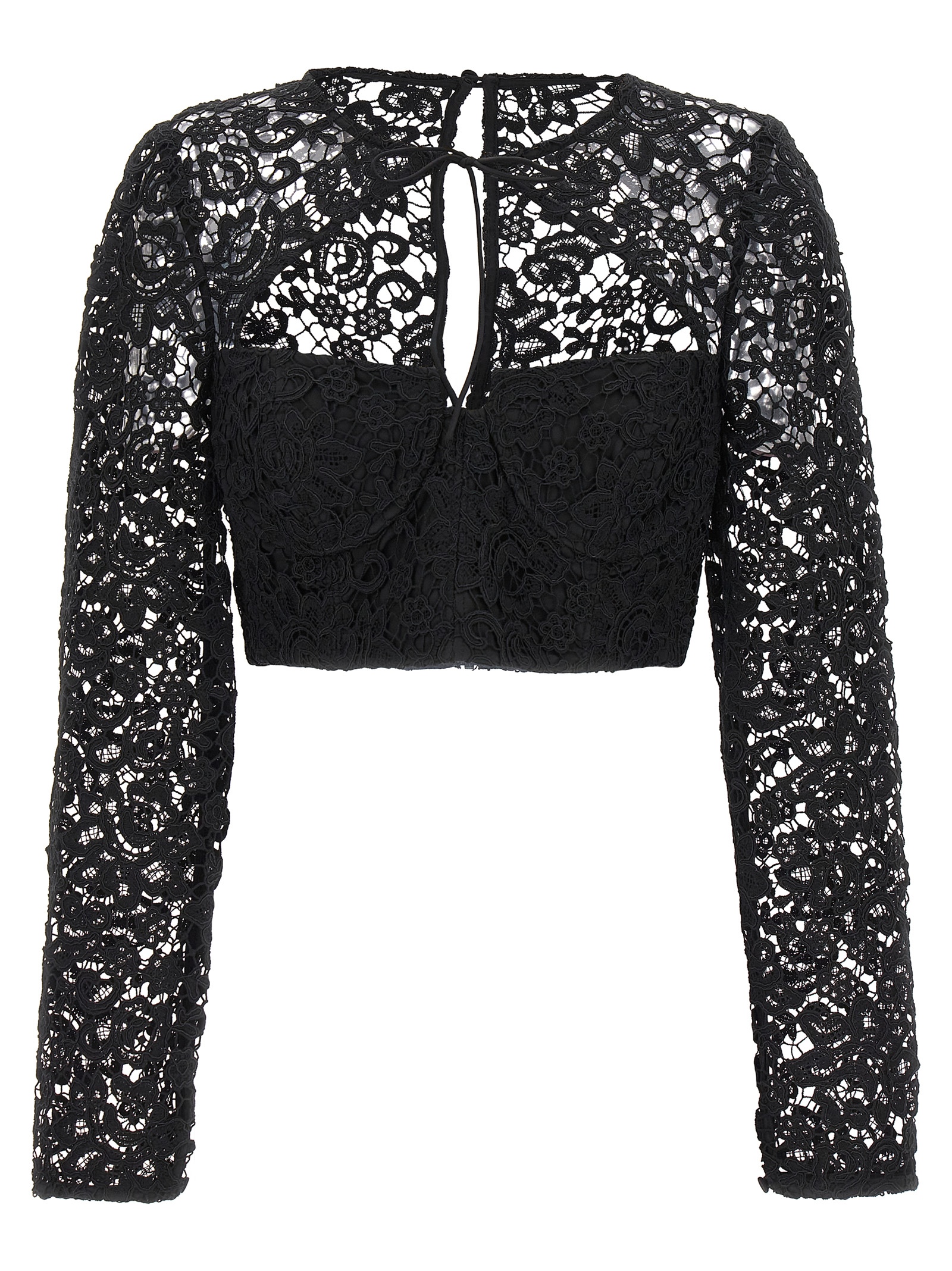 Top 'Black Lace Tie Neck Crop' AW23002TBBLACK (self-portrait / Tシャツ・カットソー ) | self-portrait (セルフ・ポートレイト)