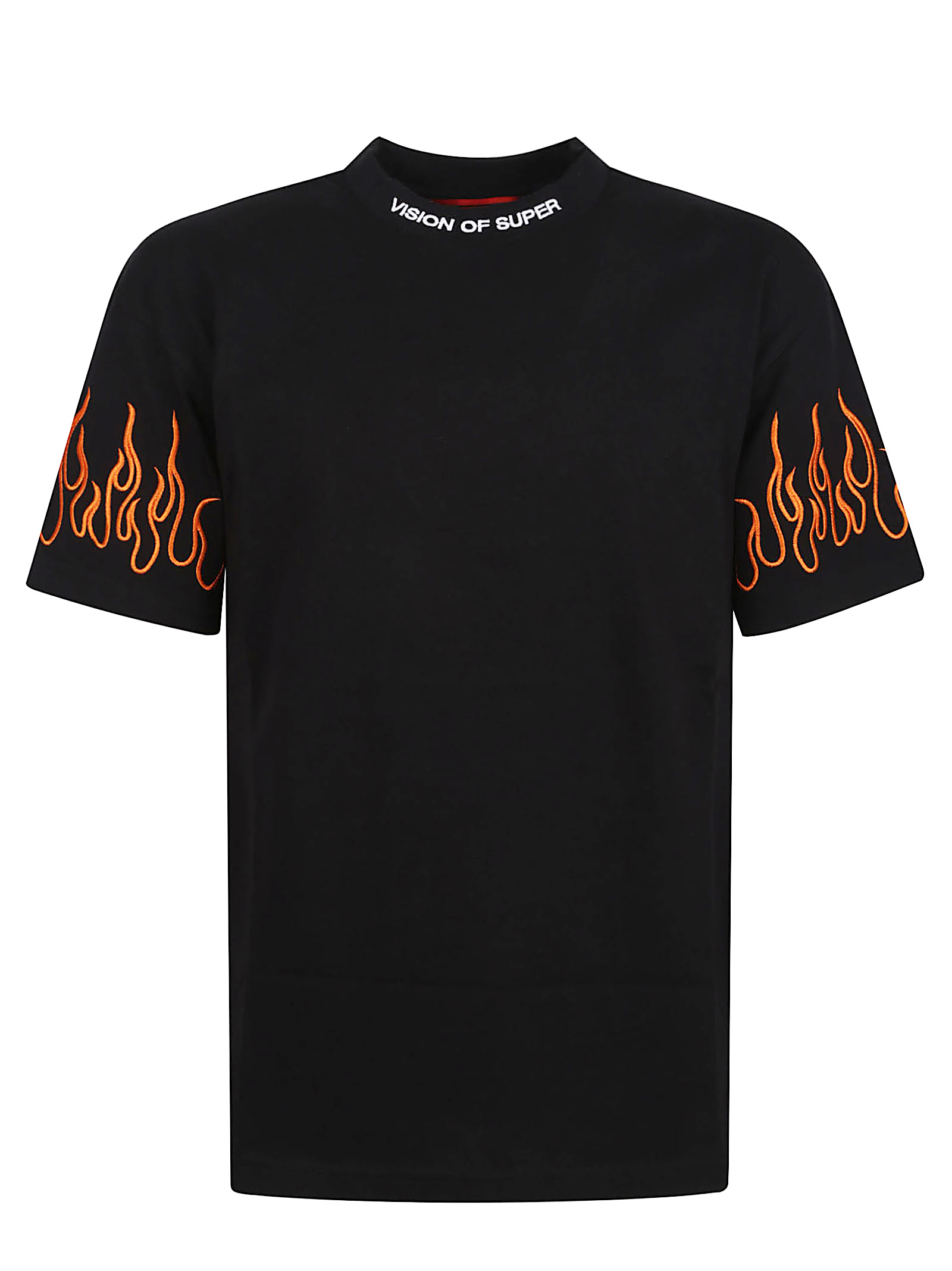 BLACK T-SHIRT WITH EMBROIDERED ORANGE FLAMES AND WHITE LOGO VS01379BLACK (VISION OF SUPER / Tシャツ・カットソー ) | VISION OF SUPER (ヴィジョンオブスーパー)
