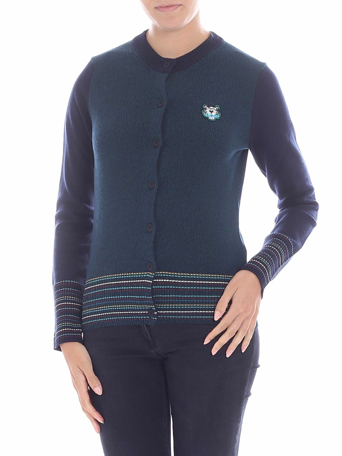 Green cardigan with multicolor edges 2CA57186076 (KENZO / ニット・セーター・カーディガン ) | KENZO (ケンゾー)