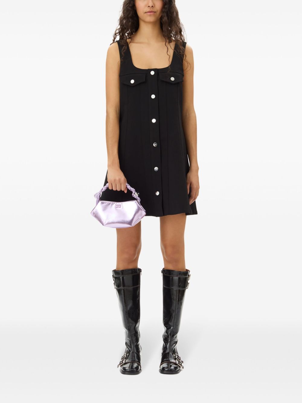 新作*GANNI* クレープミニドレス ワンピース ブラック Black Black Bonded Crepe Mini Dress | GANNI US