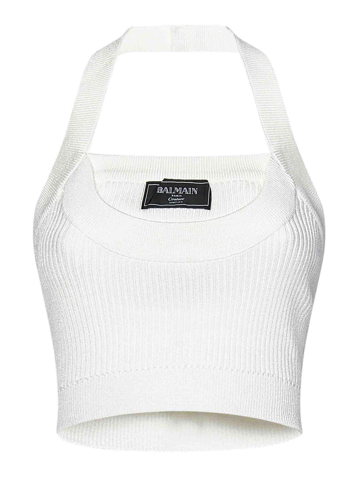 White Ribbed Viscose Blend Knit Cropped Top EF1AA380KI100FA (Balmain / タンクトップ・キャミソール ) | Balmain (バルマン)