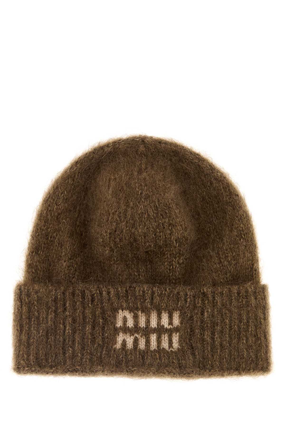 Brown mohair blend beanie hat 5HC3782CQDF0005 (MIU MIU / 帽子 ) | MIU MIU (ミュウミュウ)