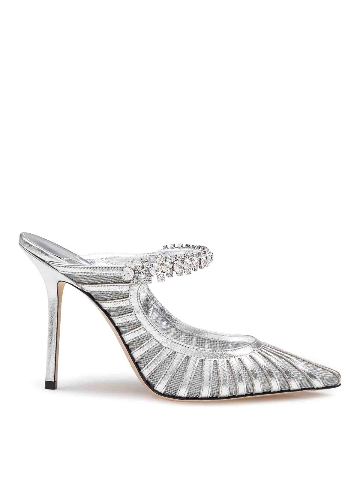 Mules in silver leather and tulle BING100GDJ (JIMMY CHOO / サンダル ) | JIMMY CHOO (ジミー チュウ)