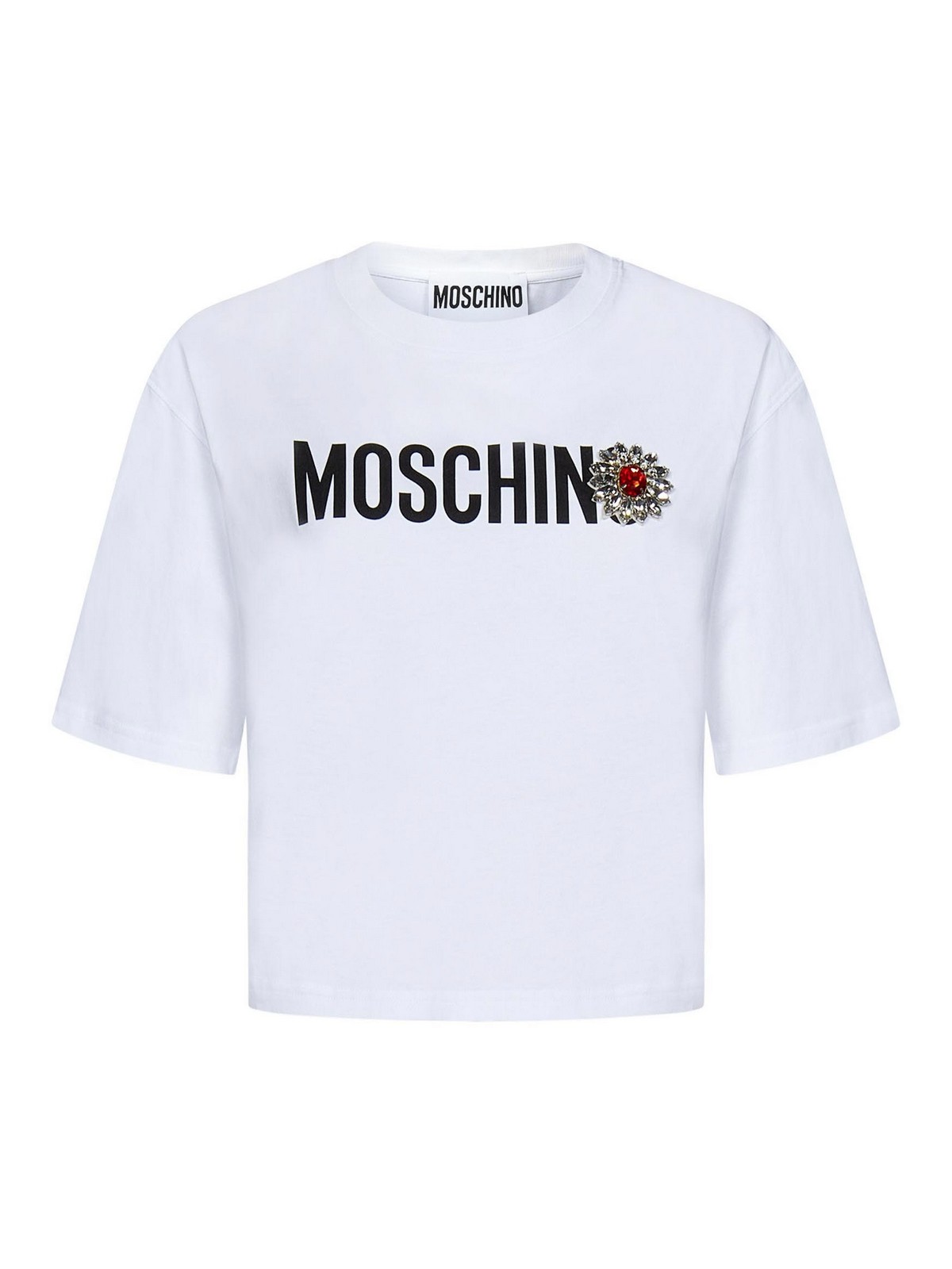 White Cotton Cropped T-Shirt with Logo Print 070454411001 (MOSCHINO / Tシャツ・カットソー ) | MOSCHINO (モスキーノ)