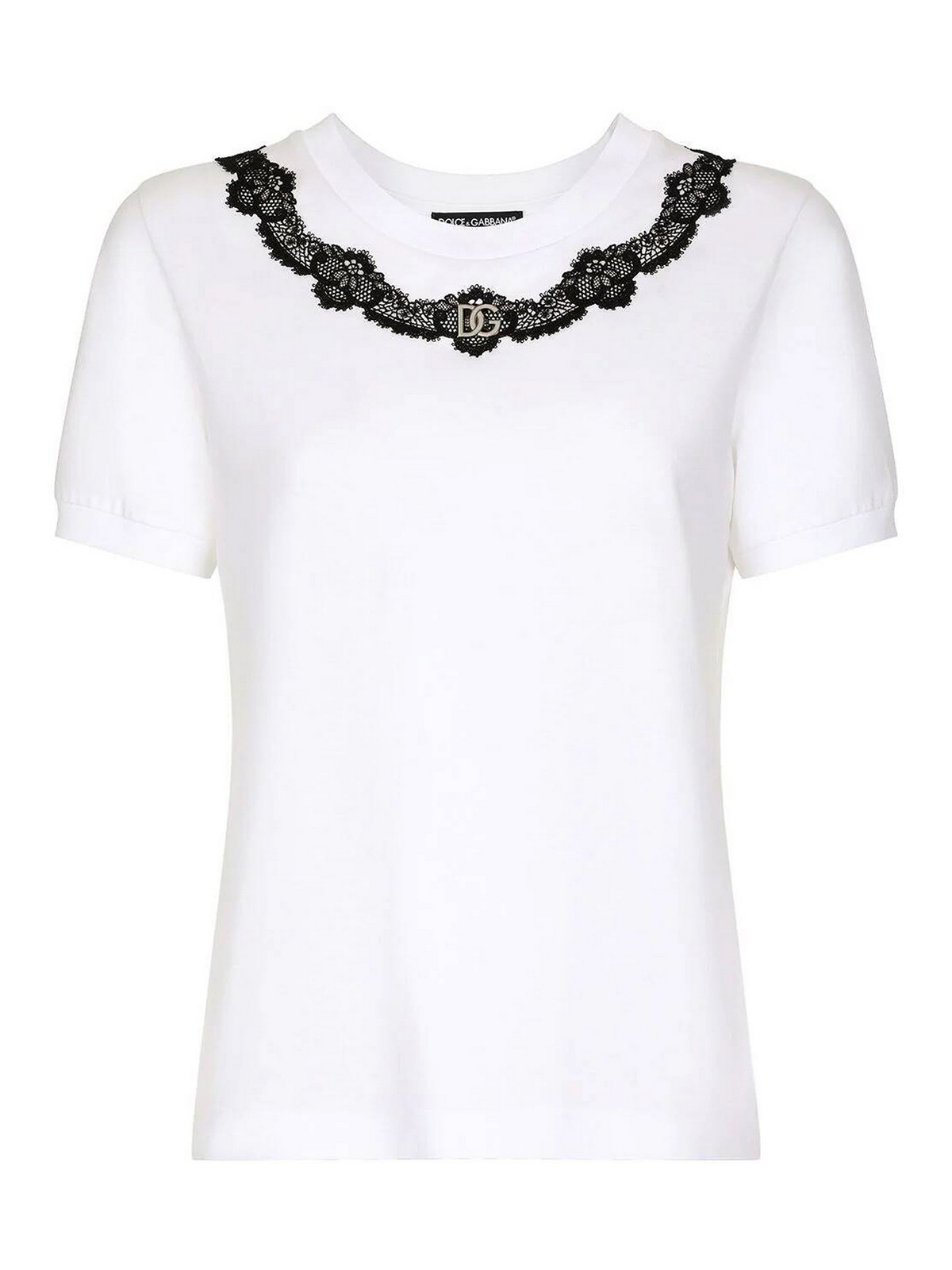 Cotton v-neck T-shirt with lace details F8T00ZG7H1ZW0800 (Dolce & Gabbana / Tシャツ・カットソー ) | Dolce & Gabbana (ドルチェガッバーナ)