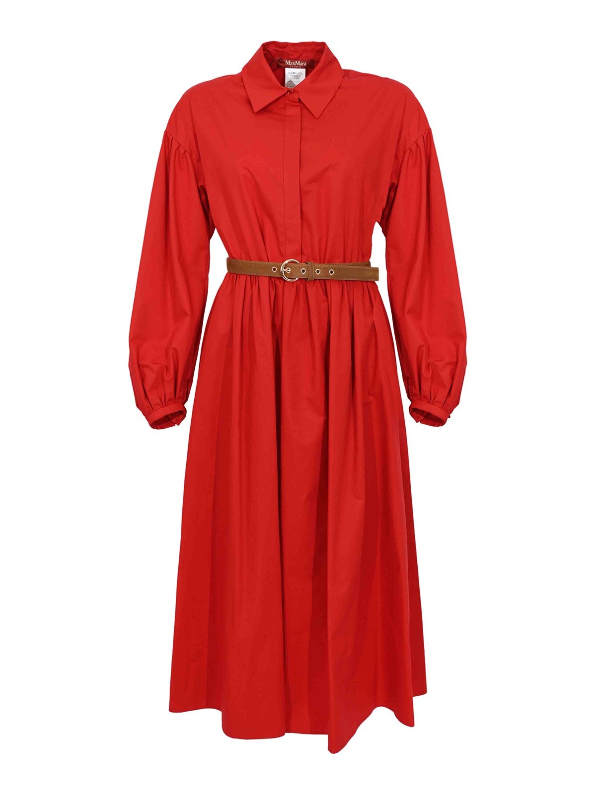 Mstmarmo Dress In Cotton Satin With Red Belt 26162210216E15 (Max Mara Studio / ワンピース・ドレス・オールインワン ) | Max Mara Studio (マックスマーラ ステュディオ)